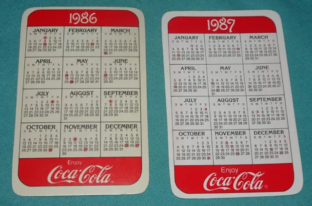 lot of 2 NEW = Vintage Coca Cola = 1986 & 1987 = Pocket Calendar Card  Promo