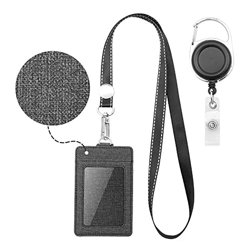 Badge Holder - Leather ID Card Holder Wallet Case with 3 Cards Slot and Neck Lan
