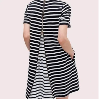 KATE SPADE Navy Blue and White Stripe Cotton Jersey Zip Back Shift Dress Size XS