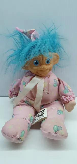 Vintage soft toy plastic head troll doll 26cm blue hair Ace 1992 well used pjs