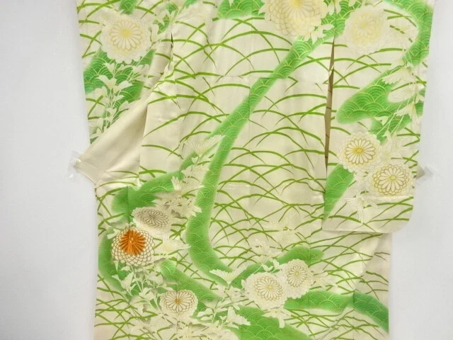 39516# Japanese Kimono / Antique Furisode / Embroidery / Kiku