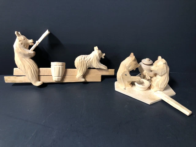 Russian Hand Carved Wood Two Bears moving toys. Set Of Two.