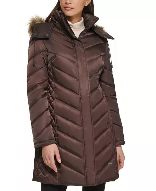 KENNETH COLE Women's Faux-Fur-Trim Hooded Puffer Coat Large Dark Roast Brown