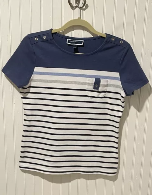 Karen Scott Sport blue Striped Womans Size Medium small pocket Button Shoulder