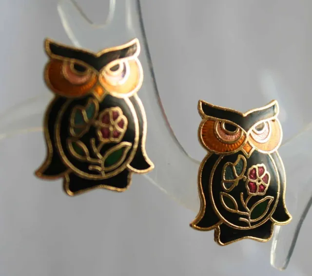 Genuine Cloisonne Enamel Mid Century Modern Black Owl Pierced Earrings 1970s