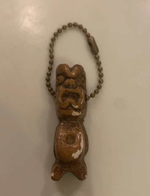 Vintage Hawaiian Tiki Keychain- Hawaii 1950-60’s Brass Chain Faux Wood
