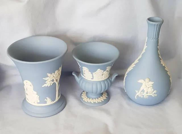 Wedgwood Light Blue Jasperware Three Different Shaped Vases 5"