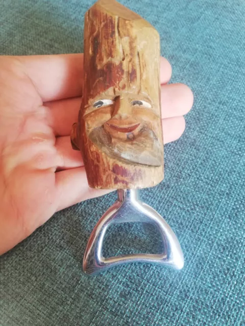 Vtg Rare Wooden Handmade Carved Head Bootle Soda Cola Opener Beer Barware Decor