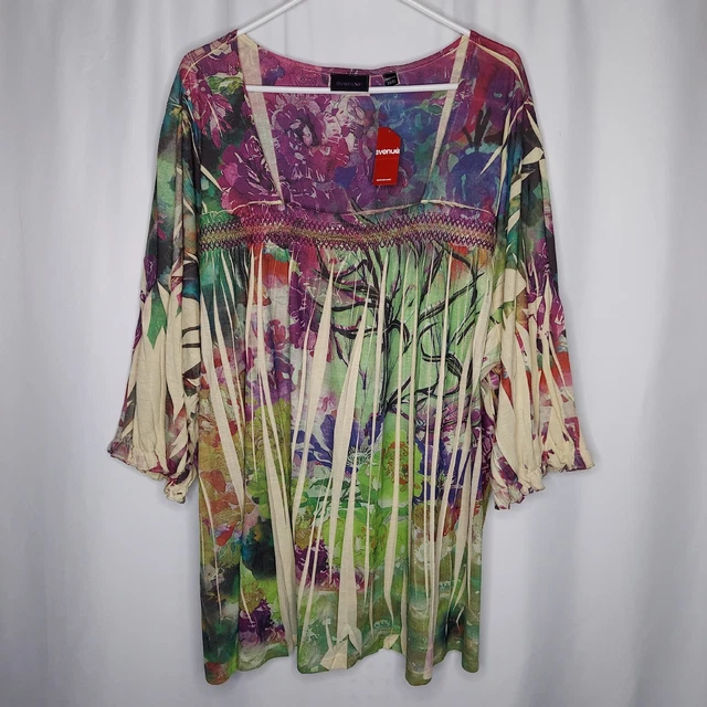 Avenue Top Women 30/32 Purple Green Abstract Floral 3/4 Square Smocked Neck