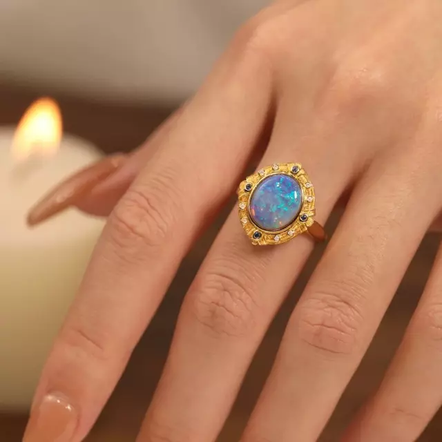 Retro Courtly Style Colorful Opal Natural Diamond Women Ring 14K Yellow Gold 2
