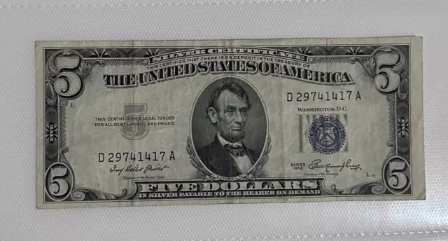 1934 D Five Dollar Silver Certificate $5 Bill Blue Seal Note- Extra Fine Con.