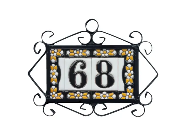 7.5 x 3.5cm Spanish Ceramic Black Floral Number Address Tiles & Metal Frames 3