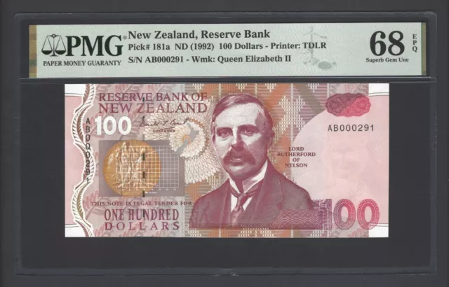 New Zealand 100 Dollars ND(1992) P181a "S/N 000291" UNC Grade 68 Top Pop