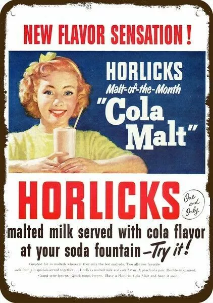 1950 HORLICKS Malted Milk Cola Malt Vintage-Look DECORATIVE REPLICA METAL SIGN