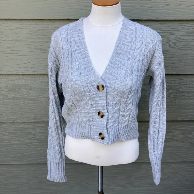 IRIS Womens Crop Cardigan Sz S Gray Cable Knit Vneck Button Sweater Long Sleeve