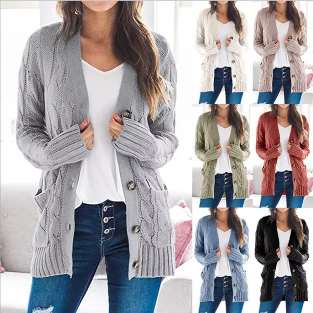 Knopf Kabel Opa Plus Lange Größe Strick Damen Klobig Ärmel Strickjacke  #T