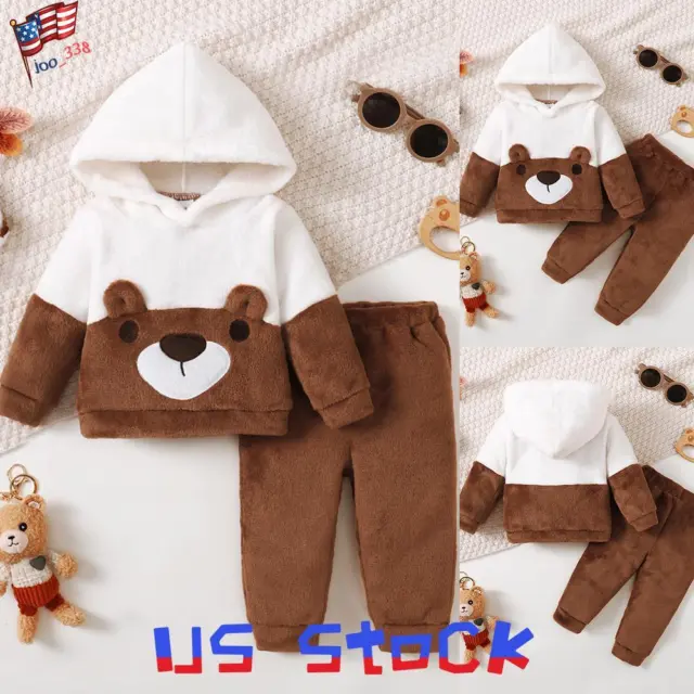 Toddler Infant Baby Boys Hooded Fleece Sweatshirt Top+Pants Clothes Outfits Set