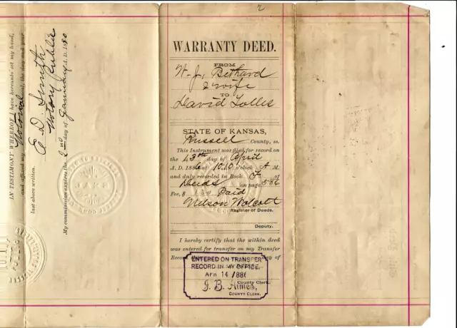 1886 Land Deed Russel Co. ,  Kansas W. J Bethand to David Lolles (Clay county)