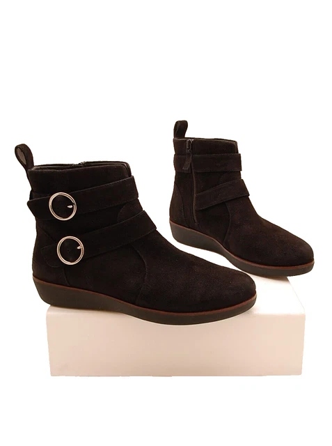 FITFLOP LAILA DOUBLE Buckle Strap Flat Wedge Black Suede Ankle Boots UK 6.5 VGC 14.99 PicClick UK