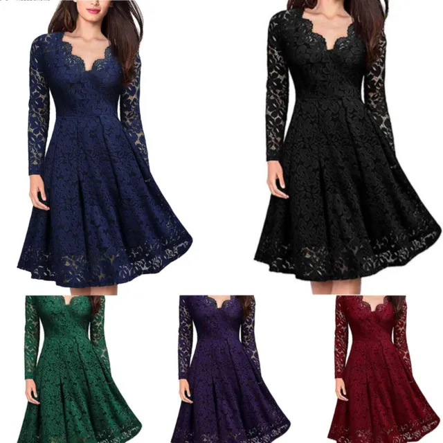 Women's Fashion V-Neck Long Sleeve Lace Dress Ladies A-line Dress Long Sleeve