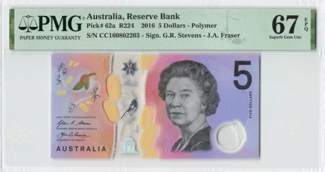 AUSTRALIA 5 Dollars 2016, P-62a Polymer QEII, PMG 67 EPQ Superb Gem UNC Grade