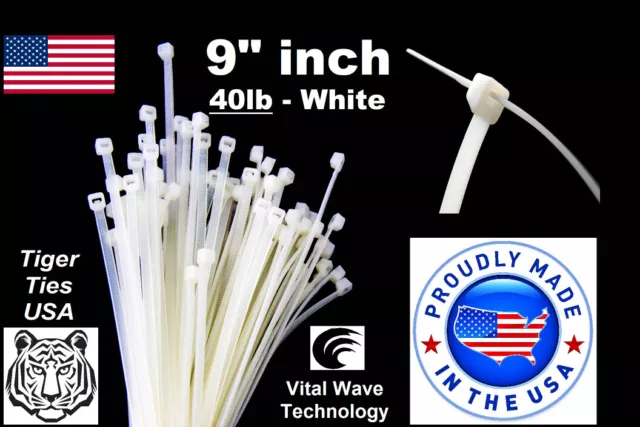 500 White 9" inch Wire Cable Zip Ties Nylon Tie Wraps 40lb USA Made Tiger Ties