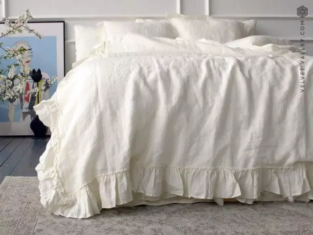 White comforter cover -White ruffle bedding-Ruffled antique white queen/king siz