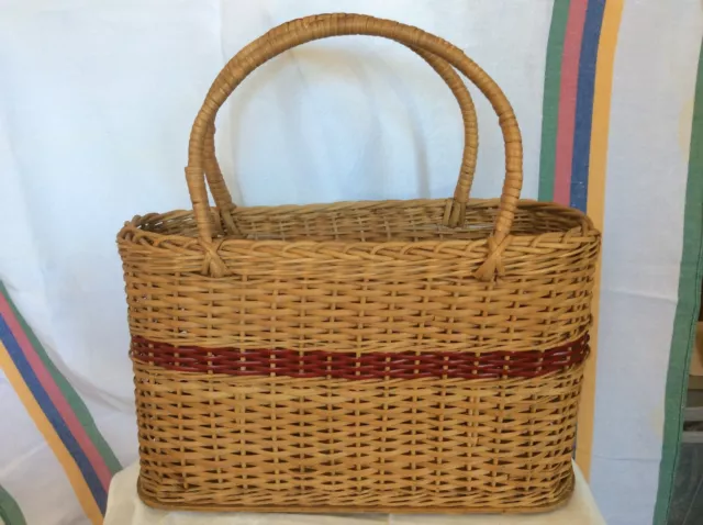 Vintage Cane Basket 50s Vintage for shopping or picnic with plastic red trim