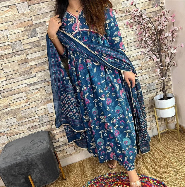 Fully Stitched Blue Color Kurti Palazzo Dupatta Indian Handmade Wedding Wear Set