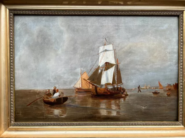 19th Century  Antique Oil Painting Harbour scene with Sailing Boats moored