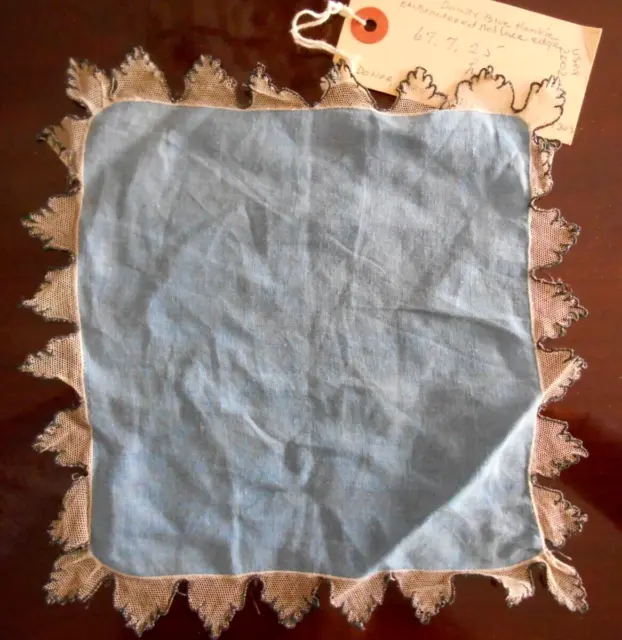 Antique Embroidered Scalloped Linen Net Lace Handkerchief Museum Deaccession