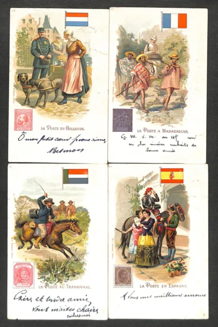 THEME - LA POSTE - Lot of 4 CPAs on the Post Office in different countries - 1900s
