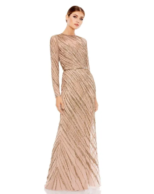 Mac Duggal Long Sleeve Beaded Column Evening Gown Embellished Size 12 Mocha 5240