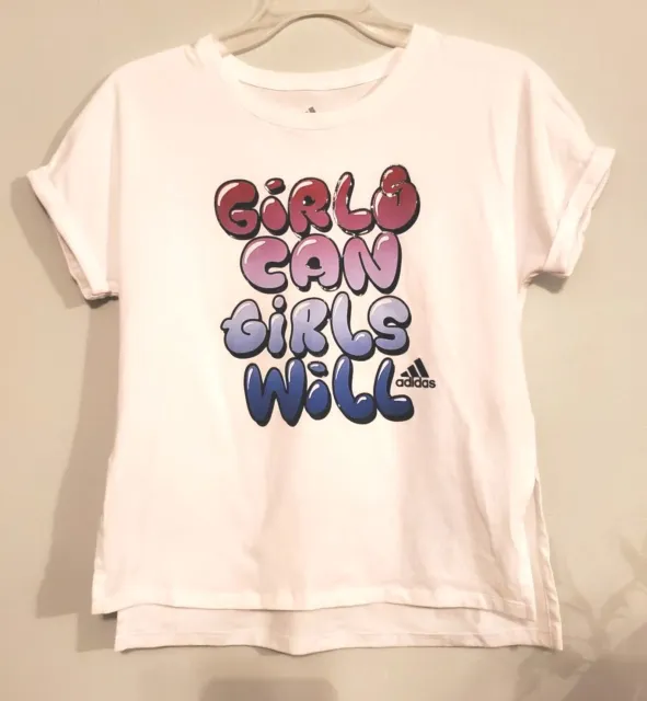 Adidas Girls Can Girls Will White Cotton Shirt - Girls Size L (14)