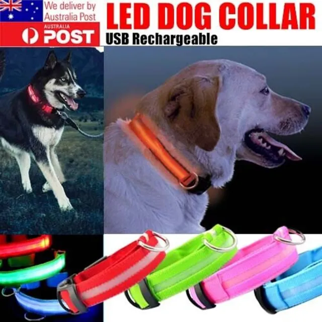 Pet Dog Flashing LED Collar Nylon USB Rechargable Glow Light Up Safety Collars