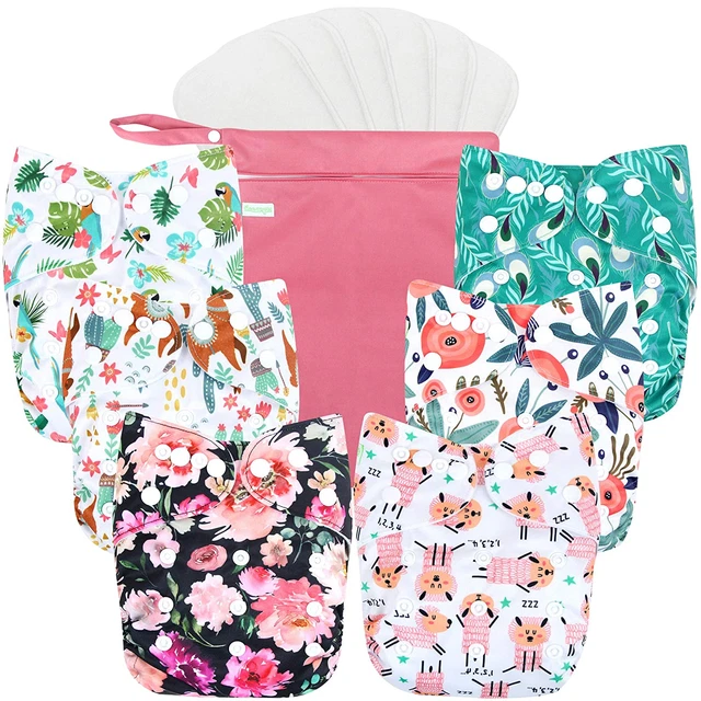 Washable Reusable Baby Cloth Pocket Diapers 6 Pack + 6 Bamboo Inserts(With 1 Wet