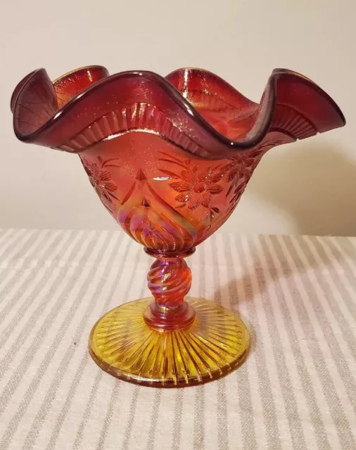 Fenton Glass Ruby Stretch Footed Nut Dish Iridescent 2926 RL Yellow Base