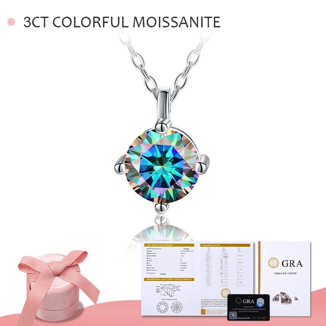 3CT Blue Colorful Moissanite Diamond Necklace for Women Real 925 Sterling Silver