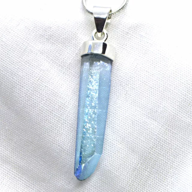 Aqua Aura Quartz 925 Silver Pendant Natural Laser Crystal Point with Gold. Reiki