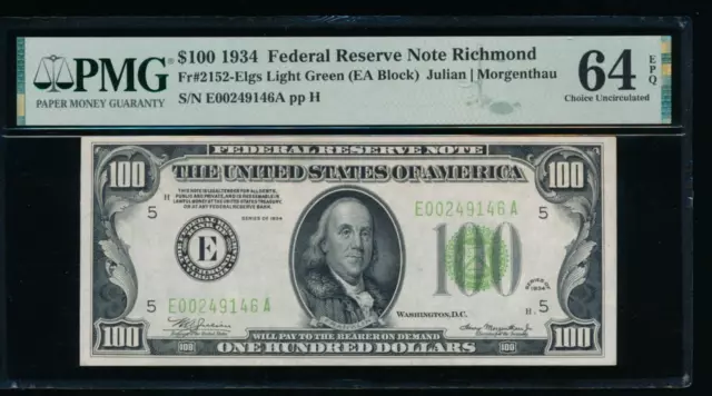 AC 1934 $100 Richmond FRN LGS PMG 64 EPQ Light Green Seal LGS Fr 2152-E pop 2/6