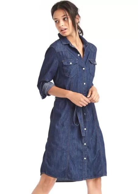 Gap 1969 Denim Western Shirtdress Pearl Snaps Size XS Belted Shift Long Sleeves