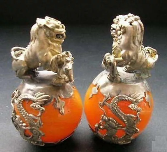 A Pair Chinese Carved Jade & Silver Dragon Foo Dogs Statue 20384