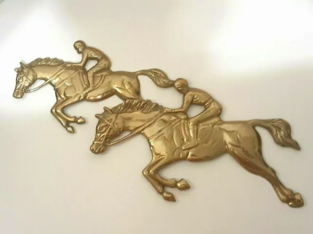 Solid Brass Wall Hanging Plaque of Two Horses Racing With Jockey Riders 1980s