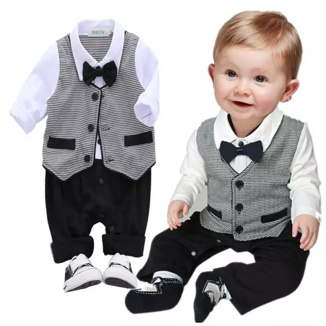 Baby Boys Bowtie Gentleman Romper Jumpsuit Tuxedo Rompers Formal Outfit Set
