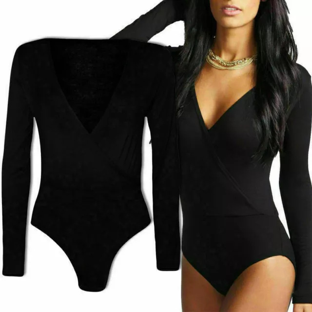 Womens Ladies Wrap Over V Neck Plunge Bodysuit Long Sleeved