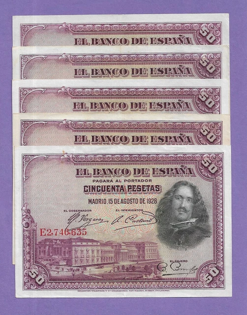Spaiin-Banknote    Lot  5 Pcs  -50  Pesetas 1928-  Xf
