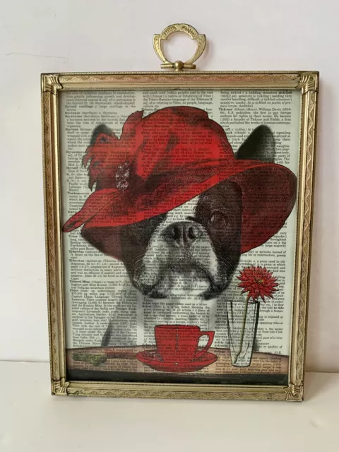 Vintage Boston Terrier print in a silver glass frame Red hat 10" x 8"