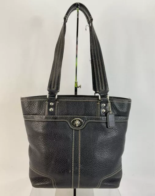 Coach Black Pebbled Leather Contrast Stitching Turn Lock Pocket Zip Shoulder Bag