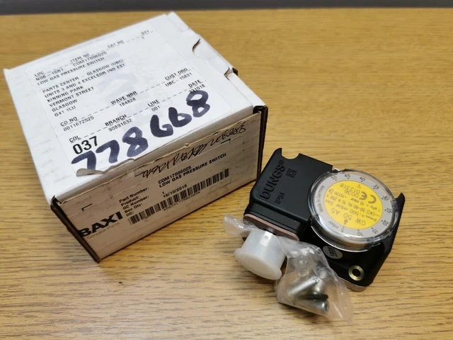 NUOVO BAXI COM17006025 INTERRUTTORE DI PRECAUZIONE GAS BASSO Dungs IP54 N08-15B1 ORIGINALE