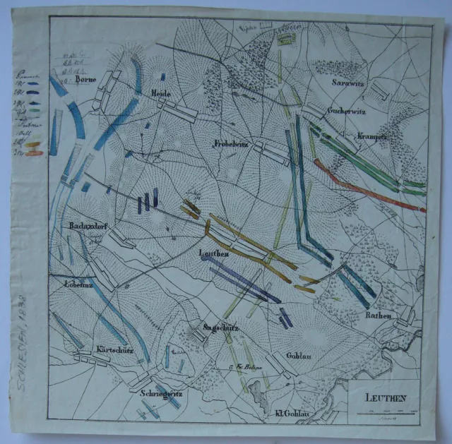 Leuthen Lutynia Schlesien Slask Polen Schlacht kolor Orig Kupferstichkarte 1838